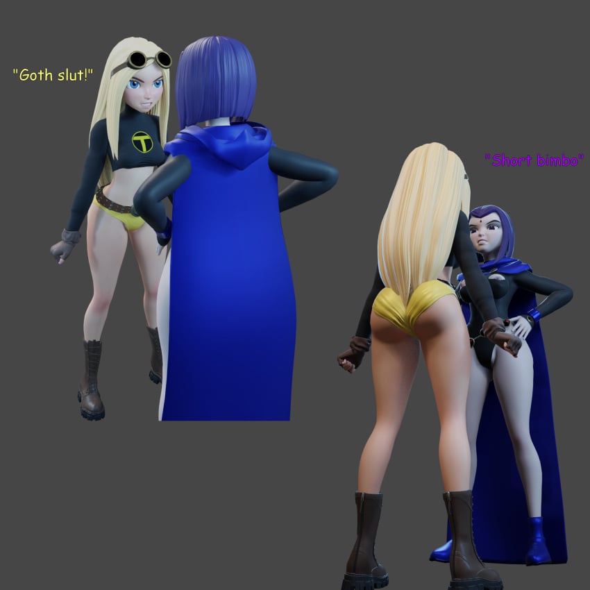 2girls ass booty_shorts dc dc_comics female female_only goth heperson heroine leotard multiple_girls rachel_roth raven_(dc) shorts shortstack teen_titans terra_(dc) text thick thick_ass