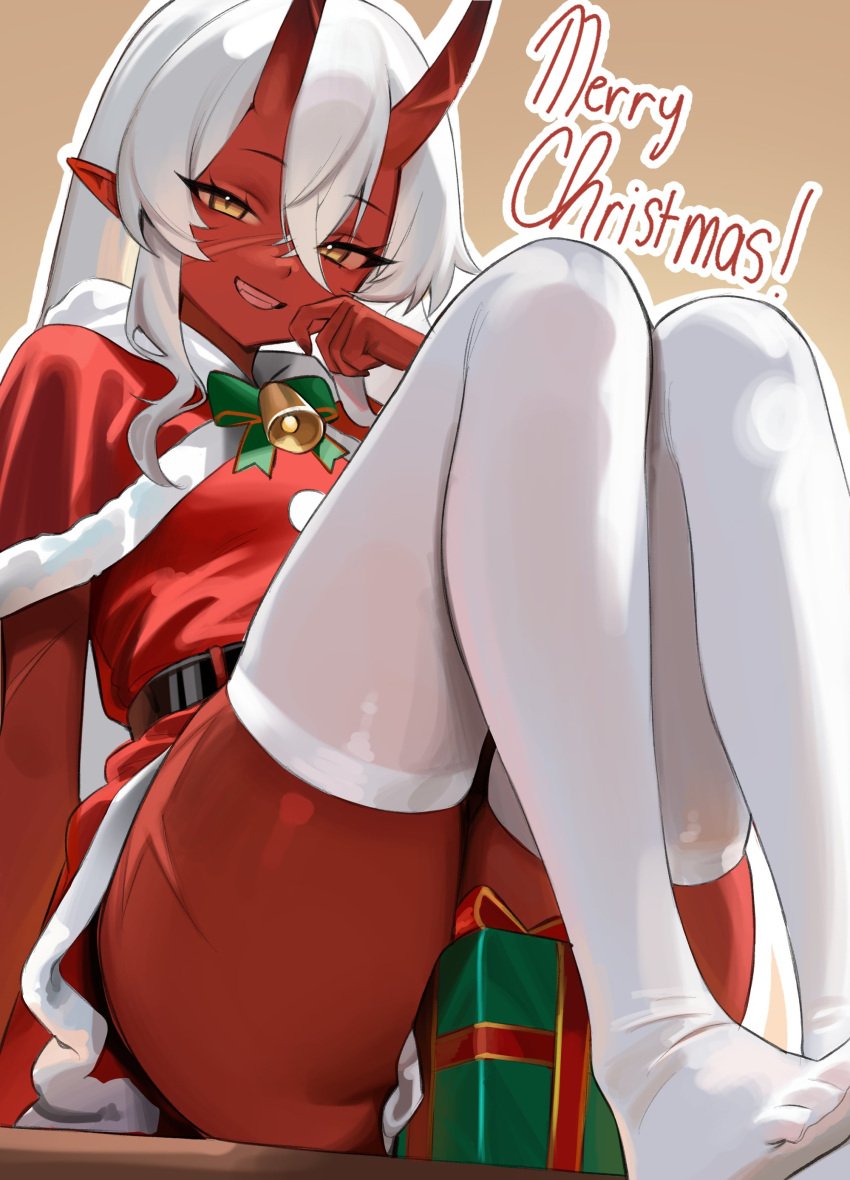 akumi bangs bell belt blush box breasts capelet christmas dress elbow_gloves eyebrows_visible_through_hair female fur-trimmed_capelet fur_trim gift gift_box gloves green_neckwear grin hair_between_eyes horns long_hair looking_at_viewer merry_christmas oerba_yun_fang oni oni_horns panties pointy_ears red_capelet red_dress red_skin ribbon santa_costume sharp_fingernails silver_hair sitting skin-covered_horns smile solo thighhighs thighs vyugen white_hair white_legwear white_panties yellow_eyes