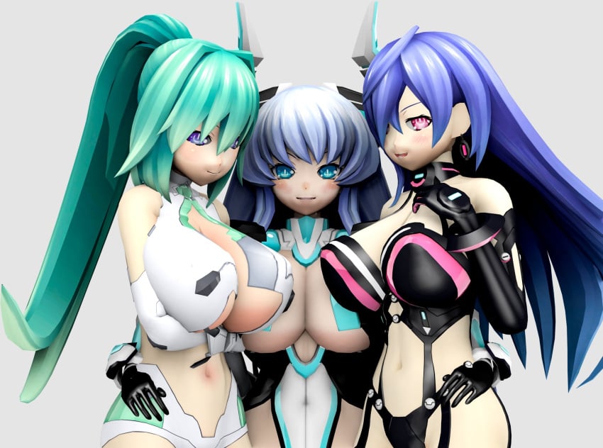 3d 3girls arm_under_breasts arms_around_waist big_breasts blue_eyes blue_hair breasts busty child_bearing_hips cleavage covered_navel female female_only glasses gloves goddess green_hair green_heart hand_on_chest hand_on_own_chest hi_res huge_breasts iris_heart legs leotard long_hair looking_at_viewer multiple_girls navel neptunia_(series) pink_eyes plutia ponytail pose posing purple_eyes purple_hair rei_ryghts seductive seductive_look seductive_smile sensual thick_thighs thighs underboob vert voluptuous