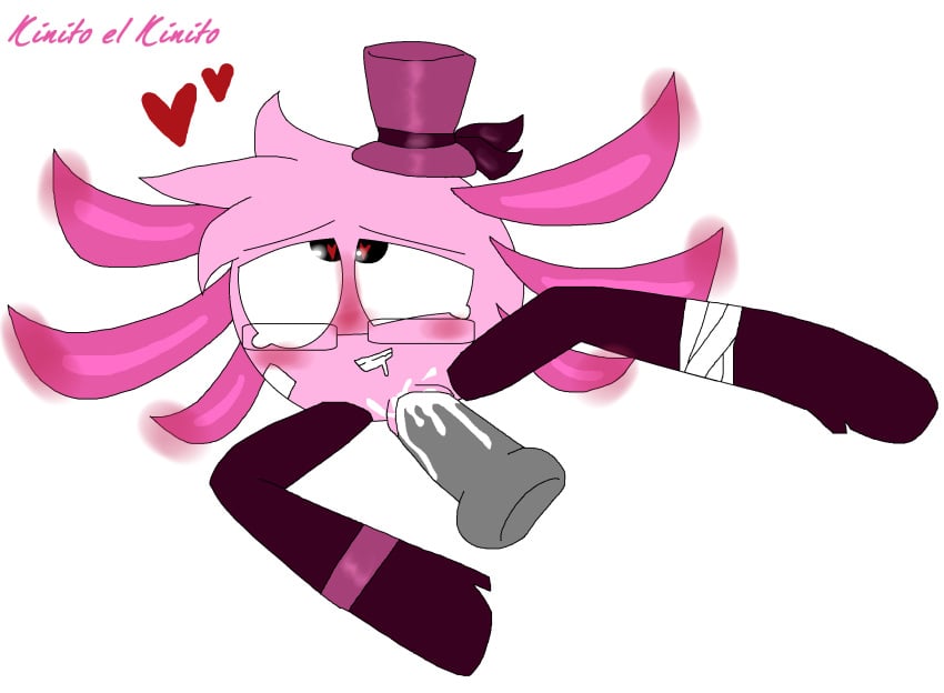 axolotl bandaged_face bandaged_leg big_eyes blush circle_head cum_in_pussy cum_inside cursive_writing drool eyes_rolling_back gills glasses gray_dick hair_tuff hat_bow heart heart-shaped_pupils hearts_around_head heels in_heat kinito kinitopet leg_accessory pink_hat pink_head pink_heels pink_legs shiny_eyes tears_of_pleasure teeth teeth_showing text tight_pussy