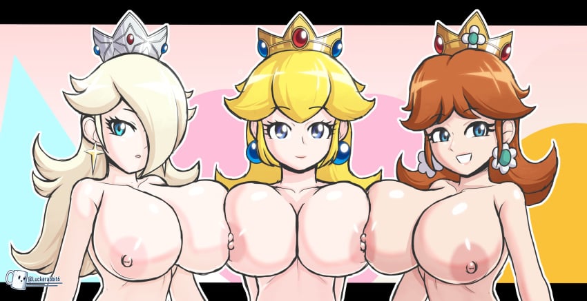 3girls alternate_version_available big_breasts blonde_hair blue_eyes breasts breasts_bigger_than_head breasts_to_breasts brown_hair crown earrings female gem gemstone gold_crown luckerabbit6 luckerabbit9 mario_(series) mrlucke naked nintendo nipple_touching nipples nipples_rubbing princess_daisy princess_peach princess_rosalina royalty sexy silver_crown super_mario_bros. super_mario_galaxy super_mario_land tagme