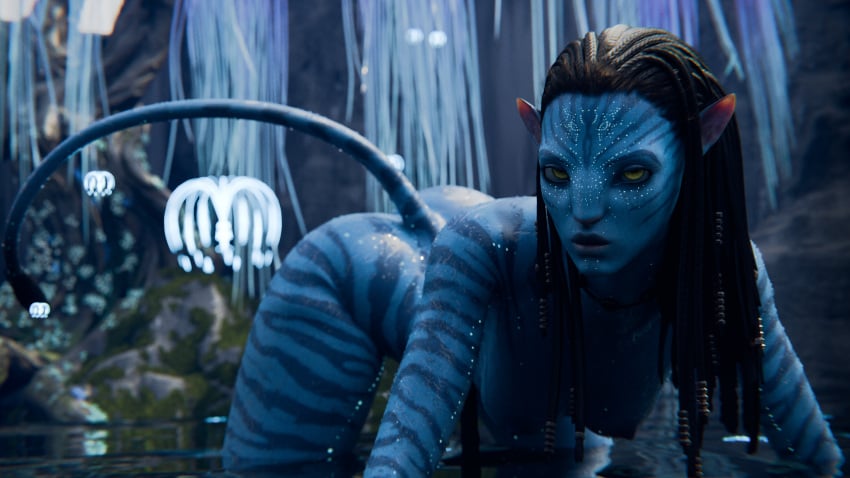 alien alien_girl avatar blue_skin blue_skinned_female edit female female_only gifdoozer in_water na'vi neytiri on_all_fours solo tagme tail tiger_stripes