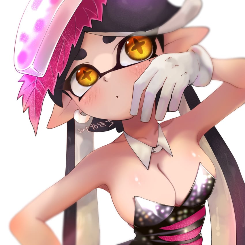 1girls big_breasts blush breasts callie_(splatoon) cleavage detached_collar earrings gloves hair inkling inkling_girl long_hair nintendo not_porn pointy_ears sfw solo splatoon tentacle tentacle_hair ura_mya_pain white_gloves yellow_eyes