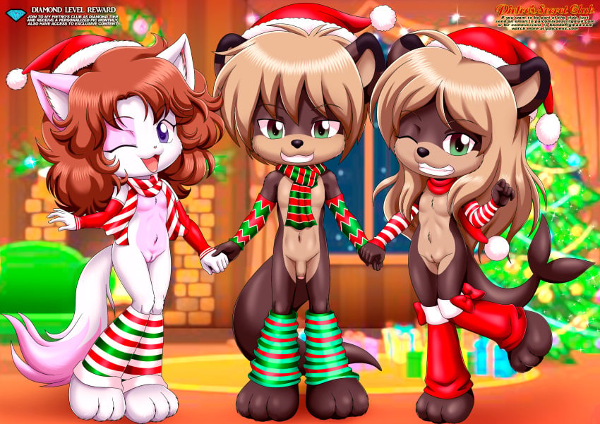 1boy 2girls anthro bbmbbf chani_(ajdurai) christmas cub diamond_level domestic_cat feline female furry jenny_(ajdurai) lee_(ajdurai) little_tails looking_at_viewer male male/female nude one_eye_closed open_mouth otter palcomix penis pietros_secret_club pussy teeth tongue young