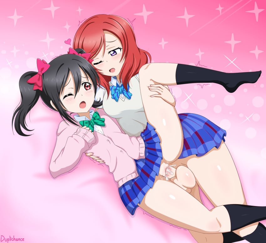 2girls black_hair blue_bow blue_bowtie bow bowtie breasts cardigan cum cum_in_pussy duplichance full-package_futanari futa_with_female futanari green_bow green_bowtie hair_ribbon heart highres love_live! love_live!_school_idol_project multiple_girls nishikino_maki no_panties one_eye_closed open_mouth otonokizaka_school_uniform pink_cardigan purple_eyes red_eyes red_hair ribbon school_uniform shirt small_breasts thighs twintails vaginal_penetration yazawa_nico