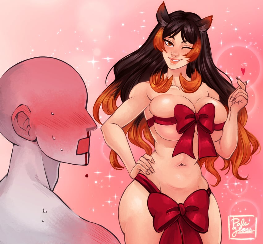 1boy1girl 1girl1boy animal_ears anonymous_male artist_logo belly_button black_hair blood blush breasts commission commission_art commissioner_upload curvy curvy_female curvy_figure faceless_male flirting gift_wrapped gift_wrapping gifting_self gradient_hair hand_on_hip heart hippopotamus_(kemono_friends) huge_breasts jaw_drop kemono_friends kemonomimi large_breasts long_hair navel nosebleed nude nude_female open_mouth orange_hair pale-skinned_male pale_skin palegloss red_eyes skindentation sparkles sweat sweatdrop sweating tagme wink winking winking_at_partner