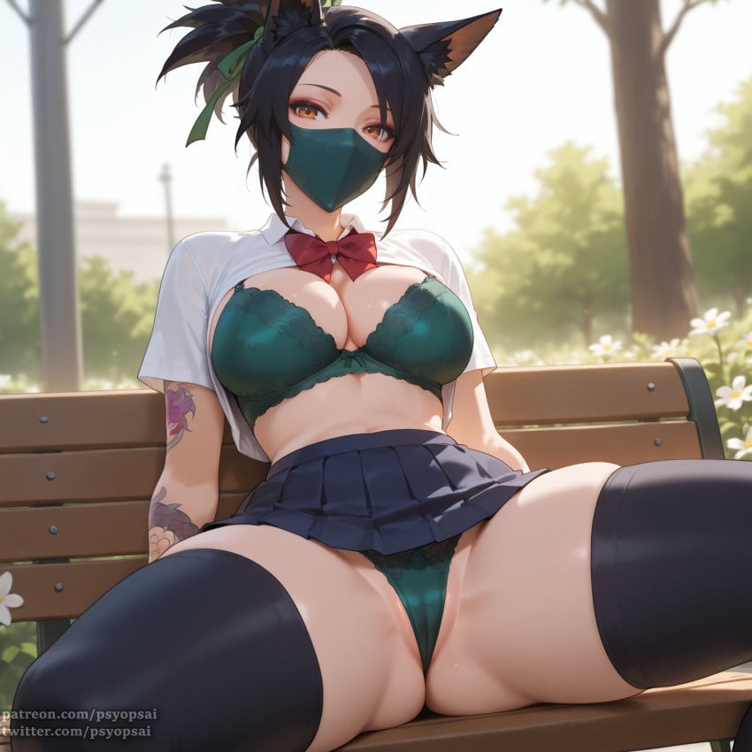 1girls ai_generated akali animal_ears artist_name black_hair breasts cameltoe colored digital_media_(artwork) female female_focus female_only league_of_legends legs legs_apart lingerie looking_at_viewer mask mouth_mask ninja panties psyopsai riot_games school_uniform short_hair skirt solo solo_focus spread_legs spreading stockings thighhighs thighs tight_clothing uncensored underwear watermark