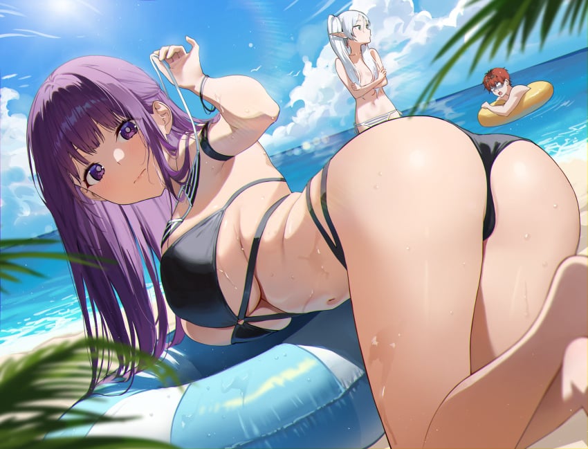 1boy 2girls beach bikini black_swimsuit blue_sky breasts busty female female_focus fern_(sousou_no_frieren) frieren male multiple_girls pout pouting pouty_lips purple_eyes purple_hair solo_focus sousou_no_frieren stark_(sousou_no_frieren) swimsuit white_bikini white_swimsuit