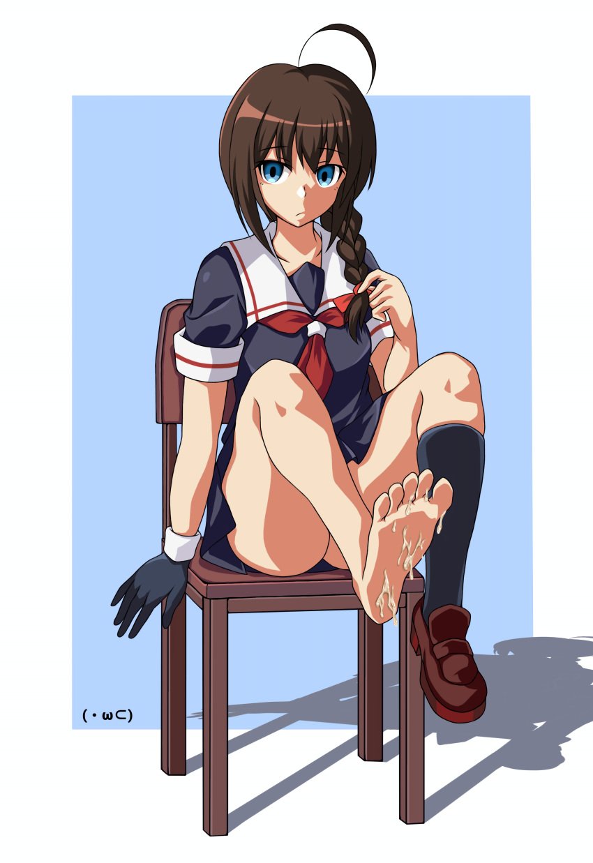 1girls absurdres ahoge black_serafuku black_shirt black_skirt blue_background blue_eyes border braid brown_footwear brown_hair chair cum cum_on_body cum_on_feet female gloves hair_over_shoulder hair_ribbon highres kantai_collection koutetunamekuji loafers long_hair looking_at_viewer necktie red_necktie red_ribbon ribbon sailor_collar sailor_shirt school_uniform serafuku shadow shigure_(kantai_collection) shirt shoes short_sleeves simple_background single_bare_foot single_braid single_glove single_shoe single_sock sitting skirt socks soles solo white_border