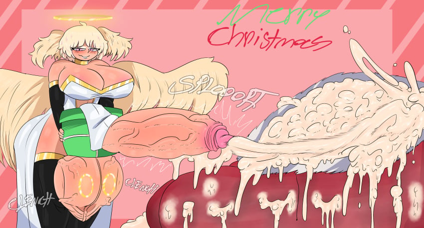 angel blonde_hair camy_(slinkmayker) christmas clenched_balls ejaculation excessive_cum futa_only futanari halo head_wings huge_balls huge_breasts huge_cock masturbation overflowing_cum pink_eyes sack self_upload slinkmayker solo testicles_clench veiny_penis wings