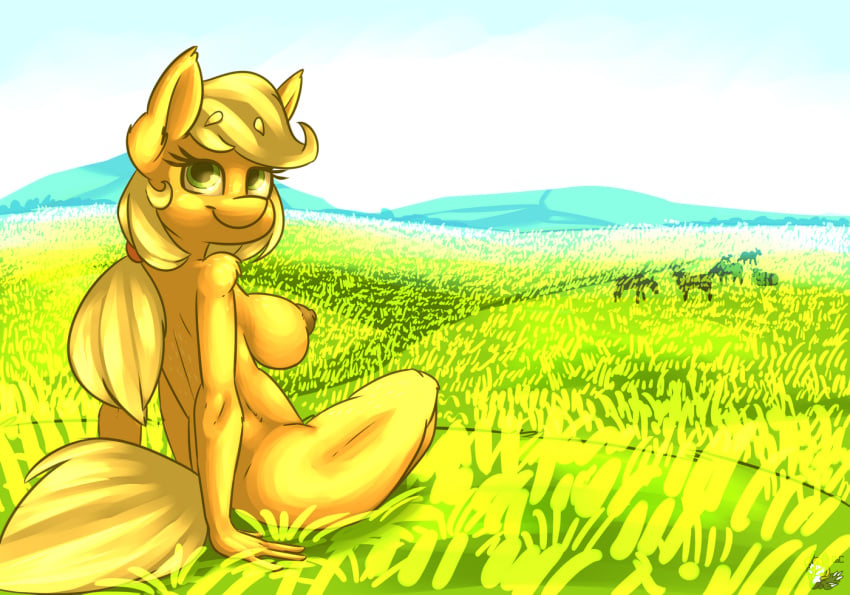 2016 anthro anthrofied applejack_(mlp) blonde_hair breasts casual_nudity detailed_background earth_pony equid equine female freckles friendship_is_magic hair hasbro horse looking_at_viewer looking_back mammal my_little_pony nipples nude ogaraorcynder outside pony ponytail puffy_nipples rear_view sitting smile solo