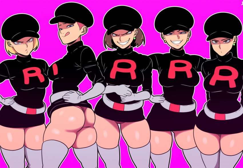 5girls ai_generated ass big_breasts curvy evil grin large_breasts looking_at_viewer mullon novelai pokemon pokemon_frlg team_rocket team_rocket_grunt team_rocket_grunt_(female) team_rocket_uniform wide_hips