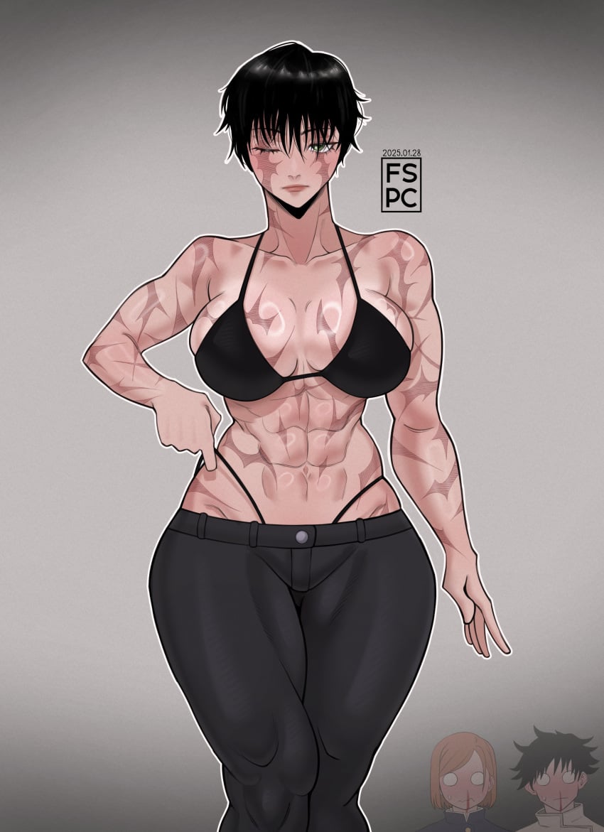 abs bikini_top boobs fspc jujutsu_kaisen kugisaki_nobara muscular_female one_eye_closed scarred yuta_okkotsu zenin_maki