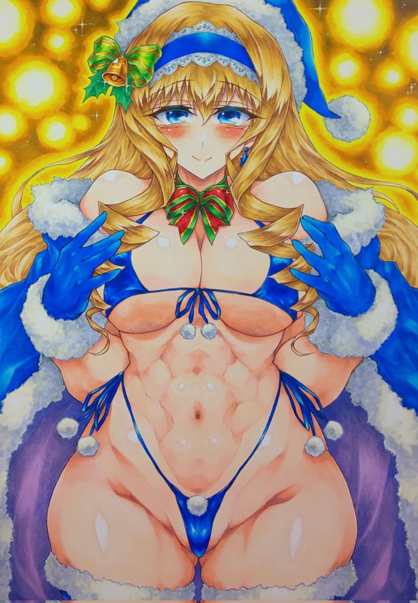 1girls abs big_breasts bikini blonde_hair blue_bikini blue_eyes blush bow breasts busty cameltoe cecilia_alcott child_bearing_hips christmas cleavage drill_hair female female_only gloves hairbow hat highres infinite_stratos large_breasts legs long_hair looking_at_viewer navel open_mouth partially_visible_vulva santa_costume santa_hat seductive_look seductive_smile sensual side-tie_bikini_bottom smile solo swimsuit thick_thighs thighs thong_bikini traditional_media underboob voluptuous wide_hips