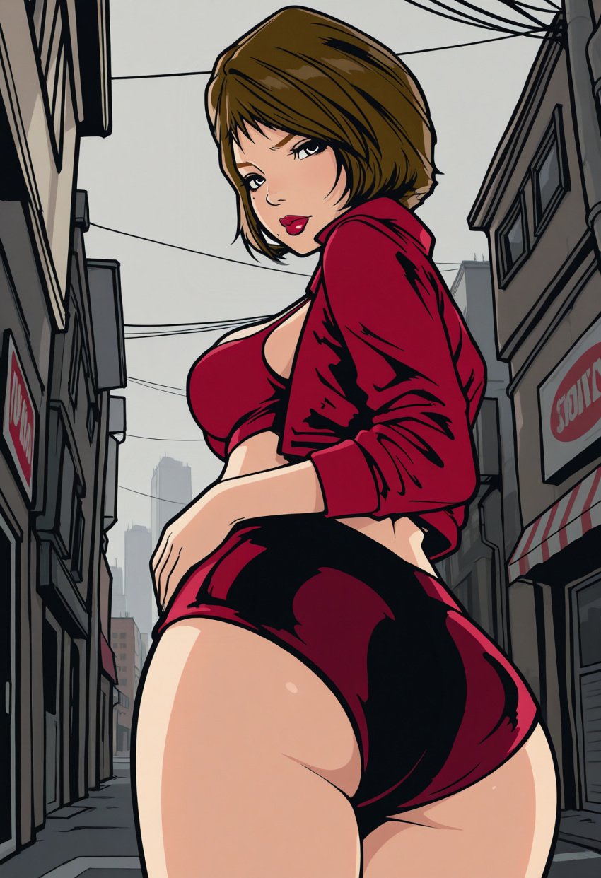 ai_generated alley best_quality breasts brown_hair cityscape cleavage female from_behind good_quality grand_theft_auto grand_theft_auto_iii grey_sky lipstick looking_at_viewer masterpiece misty_(gta) mole navel new_york red_crop_top red_jacket red_short_shorts short_hair street