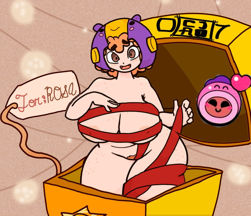 1girls bea_(brawl_stars) big_breasts big_butt brawl_stars christmas cjao_07 female freckles gift_box hairy hairy_pussy helmet orange_hair presenting rosa_(brawl_stars) short_hair supercell supercell_(company) tape thighs