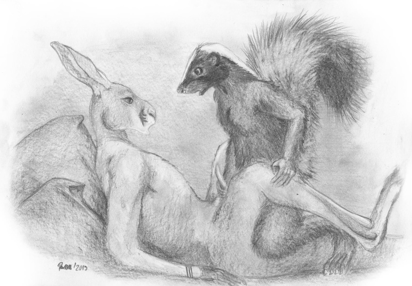 anal anthro foxia furry gay kangaroo male marsupial no_humans penis sex skunk small_penis traditional_media_(artwork)