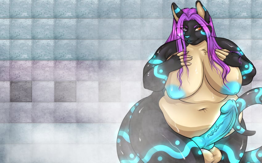 1girls anthro balls big_breasts big_penis bioluminescence blue_markings breasts canine chubby fox fur furry futanari glowing glowy hair heterochromia hikaru huge_breasts hybrid intersex kangaroo marsupial mistywolf overweight penis shower_room solo steam