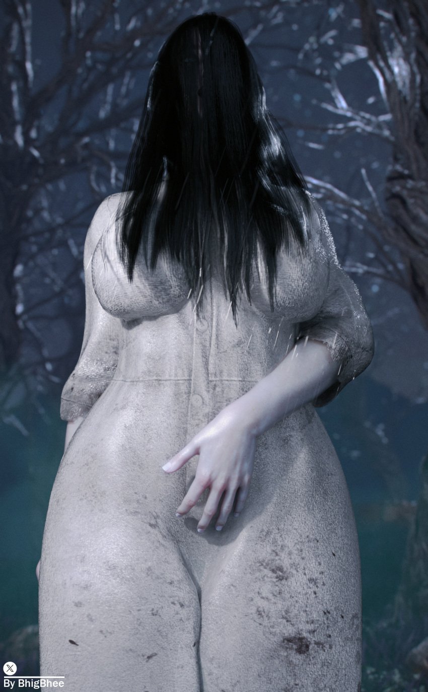 1girls 3d bhigbhee big_breasts black_hair hair_over_face huge_breasts long_hair pale_skin the_ring thick_thighs white_dress yamamura_sadako