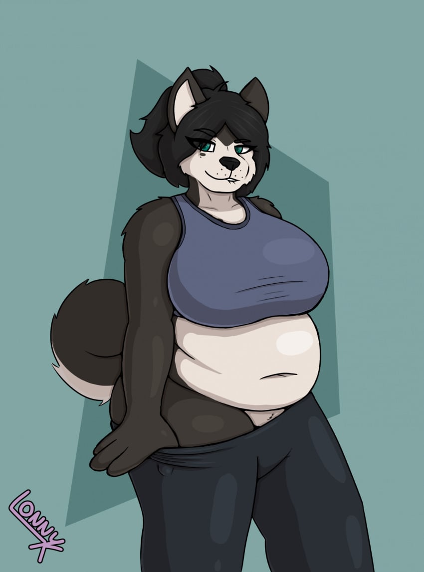 anthro belly_overhang big_breasts bite biting_lip bottomwear bottomwear_down bra breasts canid canine canis clothed clothing clothing_pull domestic_dog female hi_res husky kayla_(lonnyk) lonnyk mammal nordic_sled_dog overweight overweight_female pants pants_down partially_clothed solo spitz sports_bra teasing underwear