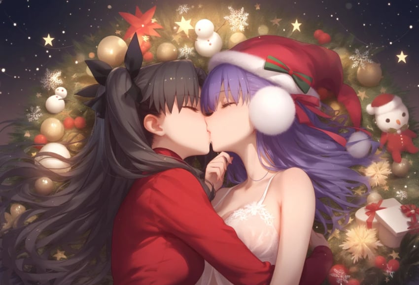 ai_generated black_hair closed_eyes fate_(series) incest kissing lingerie matou_sakura purple_hair santa_hat sisters tohsaka_rin yuri