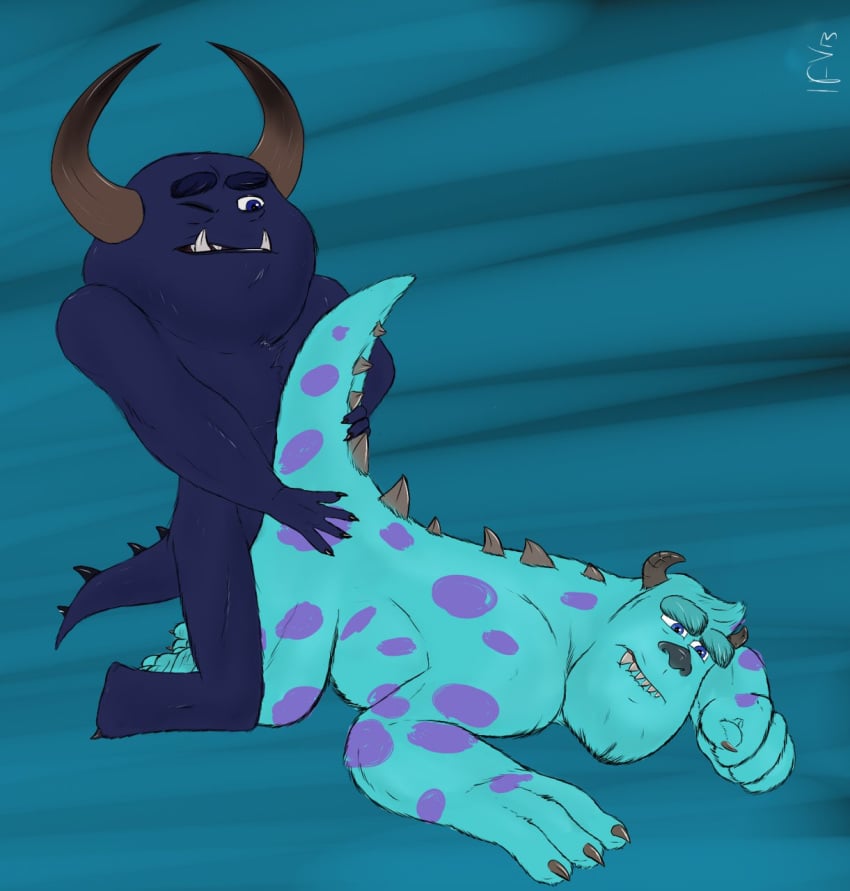 2boys anal biting_lip blue_body blue_eyes disney doggy_style from_behind furry gay horn ifv johnny_worthington_iii male male_only monster monsters_inc monsters_university no_humans pixar purple_body purple_eyes sex spikes sulley tusks yaoi