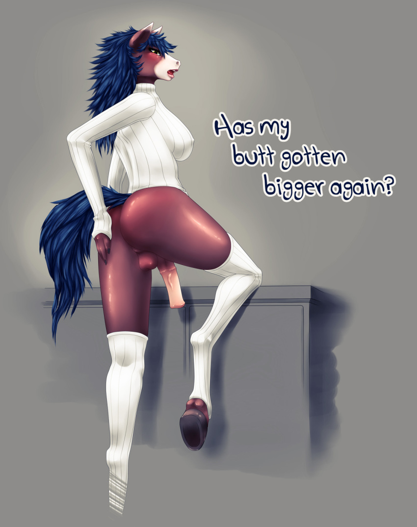 1futa anthro ass blush bottomless breasts clothed clothing dickgirl equine futanari half-dressed hooves horse horsecock intersex janse open_mouth penis presenting presenting_hindquarters raised_tail solo stockings sweater text