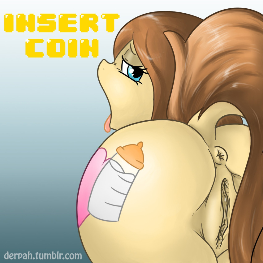 2013 anus ass atryl blue_eyes brown_hair cream_heart_(mlp) cutie_mark derpah equine female feral gradient_background hair horse looking_back mother my_little_pony open_mouth parent pony presenting presenting_hindquarters presenting_pussy pussy solo tan_fur text tongue tongue_out