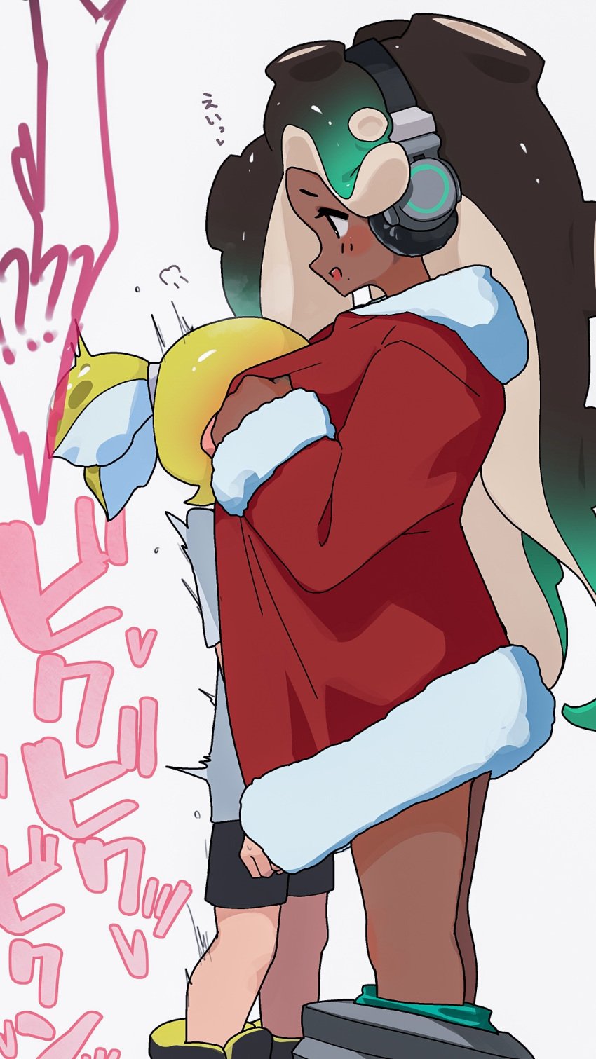 1boy 1girl black_hair blush breasts_on_face christmas color dark-skinned_female face_covered female flashing gradient_hair green_hair headphones hizake implied_ejaculation inkling inkling_boy japanese_text light-skinned_male long_hair marina_(splatoon) mole_under_mouth muffled naked_under_clothes octoling octoling_girl off_the_hook_(splatoon) open_mouth pants_down partially_clothed_female santa_costume shirt shoes short_hair shorter_male shorts size_difference smile speech_bubble splatoon splatoon_(series) splatoon_2 splatoon_3 standing taller_girl tentacle_hair text tied_hair unseen_male_face yellow_hair