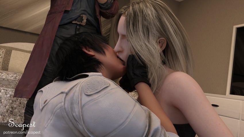 1boy 2girls dante devil_may_cry devil_may_cry_5 female female_focus kissing lady_(devil_may_cry) lesbian lesbian_kiss male tagme trish_(devil_may_cry) watching yuri