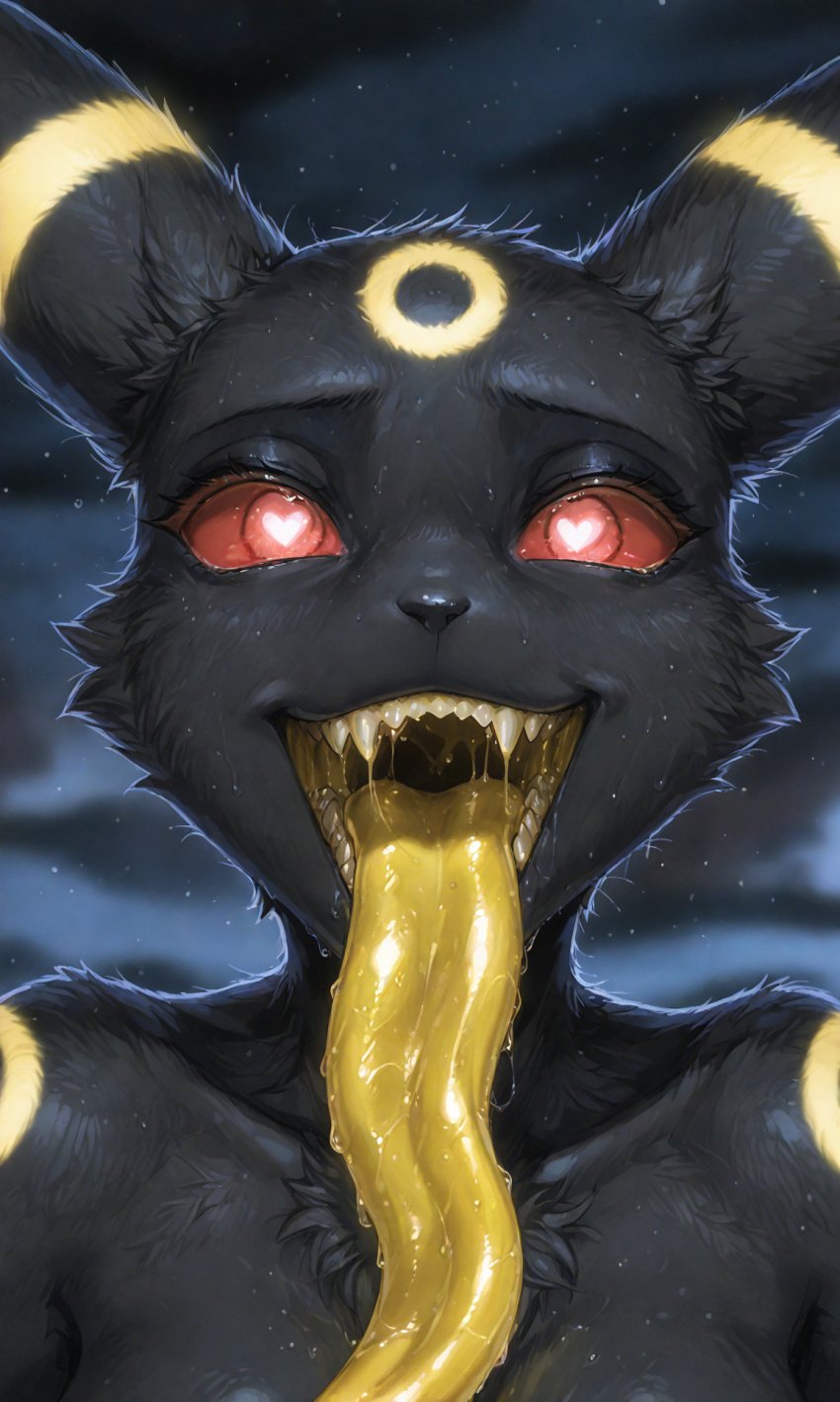 1girls ai_generated close-up eeveelution female furry furry_female heart-shaped_pupils heart_eyes long_tongue markings maw open_mouth pokémon_(species) pokemon pokemon_(species) saliva saliva_drip saliva_string saliva_trail sharp_teeth umbreon