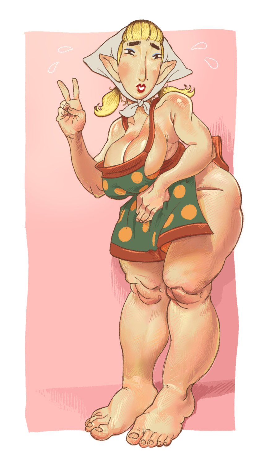 apron bbw blonde_hair blush feet female female_focus female_only horny_female milf peace_sign peatrice skyward_sword the_legend_of_zelda