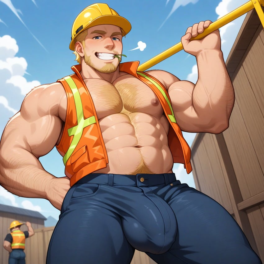 ai_generated beard blonde_body_hair blonde_hair blue_eyes bulge_in_face bulge_through_clothing clothed construction_worker dick_print from_below hairy_chest hairy_male happy male_focus male_only muscular_male open_shirt smile solo_focus treasure_trail