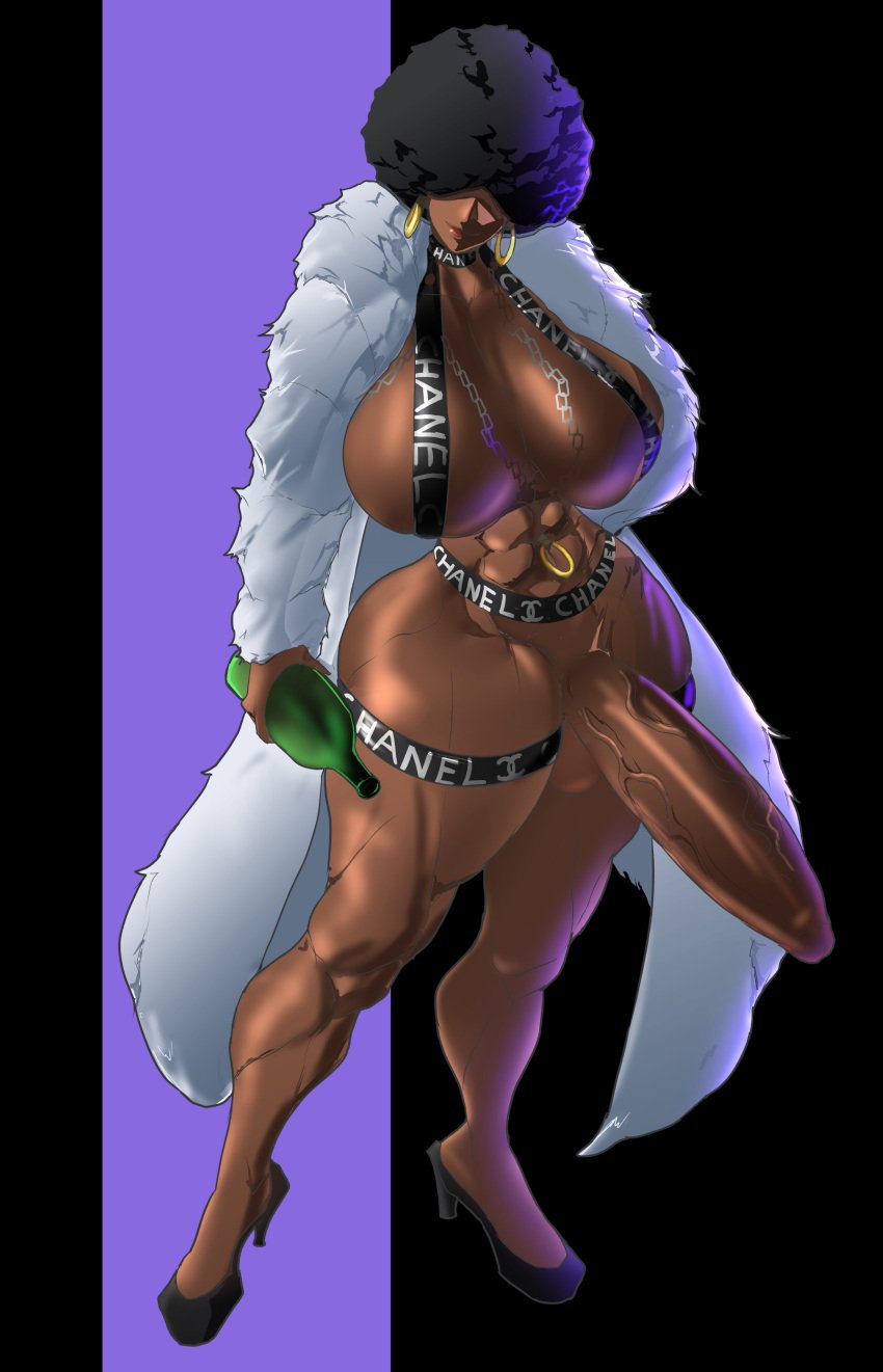 afro big_breasts black_hair breasts dark-skinned_futanari dark_skin earrings erection futanari huge_breasts huge_cock penis solo solo_futa tenchizone veiny_penis