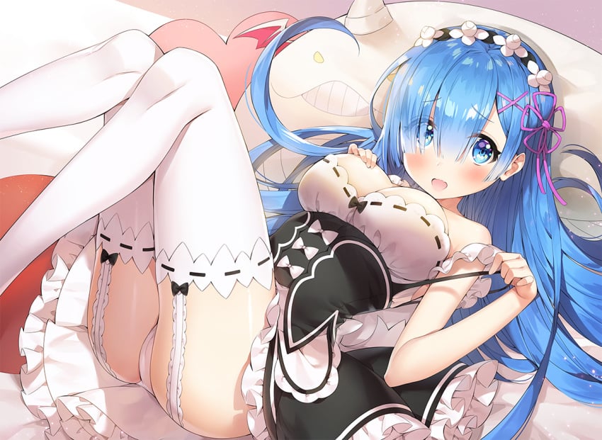 alternate_hair_length alternate_hairstyle ass_visible_through_thighs ayamy bare_arms bare_shoulders bed bed_sheet blue_eyes blue_hair blush breasts cameltoe cleavage feet_out_of_frame garter_straps hair_ornament hair_ribbon legs_up long_hair lying maid_headdress maid_uniform medium_breasts open_mouth panties re:zero_kara_hajimeru_isekai_seikatsu rem_(re:zero) strap_slip thighhighs thighs underwear white_panties white_thighhighs zettai_ryouiki