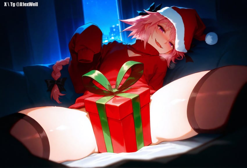 1boy a1exwell ai_generated astolfo_(fate) box braid christmas christmas_outfit fate/grand_order fate_(series) femboy gift_box head_tilt naughty_face oversized_clothes sleeves_past_wrists spread_legs stable_diffusion sweater taker_pov thick_thighs tilted_head