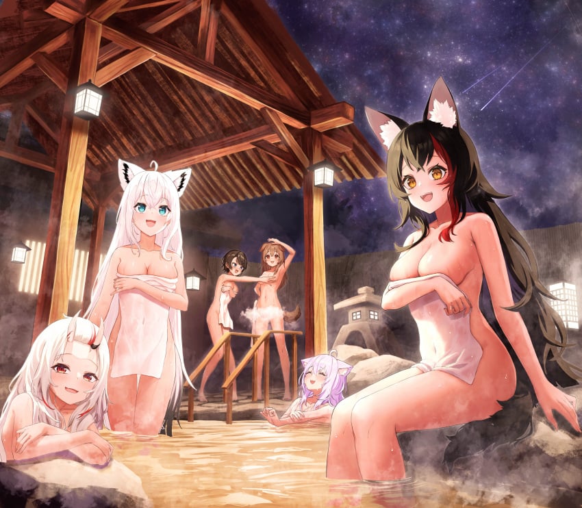 6+girls absurdres animal_ear_fluff animal_ears aqua_eyes armpits asymmetrical_bangs bare_arms bare_hips bare_legs bare_shoulders barefoot bathing black_hair blush bottomless breasts brown_eyes brown_hair cat_ears cat_girl cleavage collarbone convenient_censoring covered_navel covering_breasts covering_privates crossed_arms curvy dog_ears dog_girl dog_tail double-parted_bangs fox_ears fox_girl fox_tail groin hair_over_shoulder hand_on_another's_chest hand_on_own_chest highres holding holding_towel hololive hololive_gamers horns inugami_korone kazuna_(minekazuna) lamp large_breasts long_hair multicolored_hair multiple_girls naked_towel nakiri_ayame nekomata_okayu night nude nude_cover okfams_(group) oni onsen ookami_mio oozora_subaru outdoors partially_submerged purple_hair red_eyes red_streaks same-sex_bathing shared_bathing shirakami_fubuki shooting_star short_hair sitting skin-covered_horns sky smile standing star_(sky) starry_sky steam steam_censor streaked_hair sweatdrop tail topless towel virtual_youtuber wet white_hair wolf_ears wolf_girl wolf_tail yellow_eyes