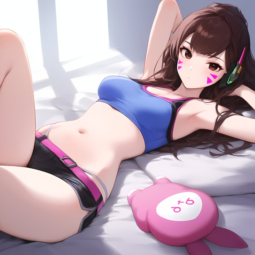 1girls ai_generated armpits athletic_female bed bedroom brown_eyes brown_hair casual clothed clothing color cute d.va day facepaint facial_markings female female_focus female_only girly hands_behind_head headgear hi_res highres hip_bones hips indoors izacru0 knees_up legs legs_up long_hair looking_at_viewer lying lying_on_back medium_breasts minishorts narrow_waist navel neutral_expression on_back on_bed one_leg_up overwatch partially_clothed pillow plushie revealing_clothes short_shorts shorts skindentation solo solo_female solo_focus sports_bra sportswear stuffed_toy tattoo thighs thin_waist very_high_resolution