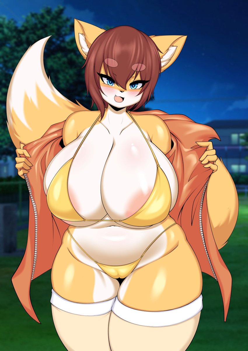 2025 absurd_res anthro areola areola_slip belly big_areola big_belly big_breasts bikini bikini_bottom bikini_top black_nose blue_eyes blush bottomwear breasts brown_hair camel_toe canid canine clothed clothing curvy_figure cute_fangs detailed_background digital_media_(artwork) eyebrows fangs female fluffy fluffy_tail fox hair hana_(keep0621) hi_res hoodie huge_breasts inner_ear_fluff kemono mammal multicolored_body navel open_mouth overweight overweight_anthro overweight_female partially_clothed short_hair slightly_chubby solo standing swimwear tail tailzkim teeth thick_eyebrows thick_thighs tongue topwear tuft two-piece_swimsuit two_tone_body white_body wide_hips yellow_body