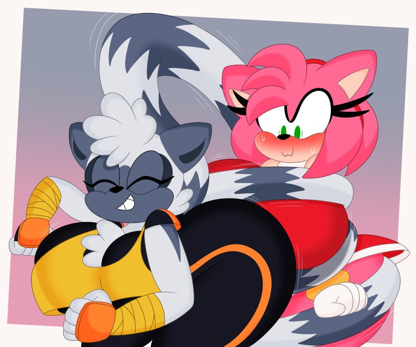 2girls 3barts amy_rose anthro ass big_breasts blush breasts busty clothing dialogue dress female female_only green_eyes hedgehog huge_breasts large_breasts mobian_(species) pink_hair red_dress sega solo sonic_(series) sonic_the_hedgehog_(series) sweat tangle_the_lemur text