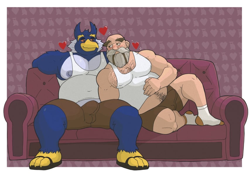 anthro avian bald baraboy beard big_pecs bird blue_body blue_feathers blush body_hair bulge canon_x_oc chest_hair clothing denis_damocles duo eye_contact eyebrows facial_hair feathers hair hairy heart_symbol hi_res human human_on_anthro interspecies intimate looking_at_another male male/male mammal mature_anthro mature_human mature_male miraculous_ladybug moustache musclegut muscular muscular_anthro muscular_human muscular_male owl pecs pubes romantic romantic_couple shirt sideburns tank_top thick_eyebrows topwear white_hair yaoi