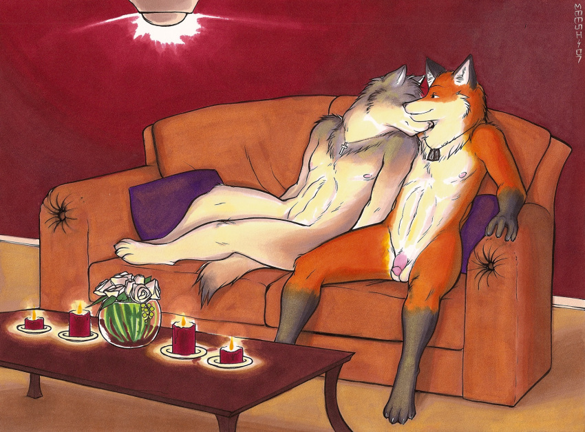 balls burning_candles candles canine couple cuddling cute dog_tags flaccid fox furry gay humanoid_penis lanthryn lying male male/male male_only meesh nipples no_humans nude penis red_candles romantic smile sofa traditional_media_(artwork) wolf yaoi