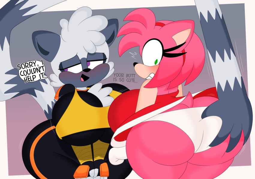 2girls 3barts amy_rose anthro ass big_breasts blush breasts busty clothing dialogue dress female female_only green_eyes hedgehog huge_breasts large_breasts mobian_(species) pink_hair red_dress sega solo sonic_(series) sonic_the_hedgehog_(series) sweat tangle_the_lemur text