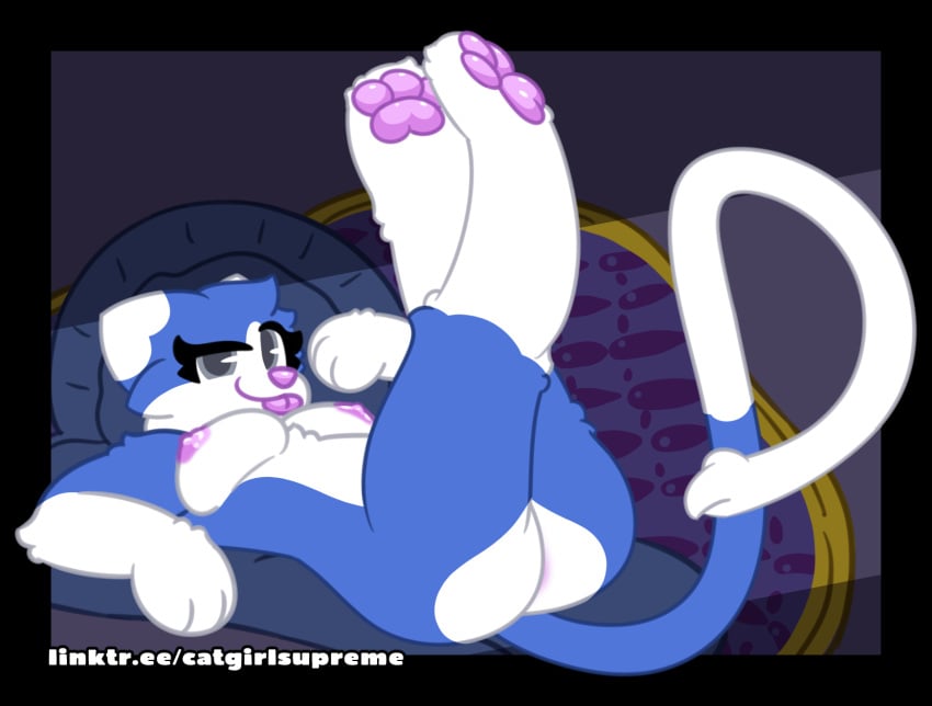 ass blue_body blue_fur breasts catgirlsupreme domestic_cat felid feline felis female fur furniture gesture grey_eyes hi_res lying lying_on_sofa mammal markings nude on_back on_sofa paws pink_paws pinup pose posed smile smiling_at_viewer smirk smirking_at_viewer smug smug_face sofa solo suggestive suggestive_gesture tail trans_(lore) trans_woman_(lore) white_markings