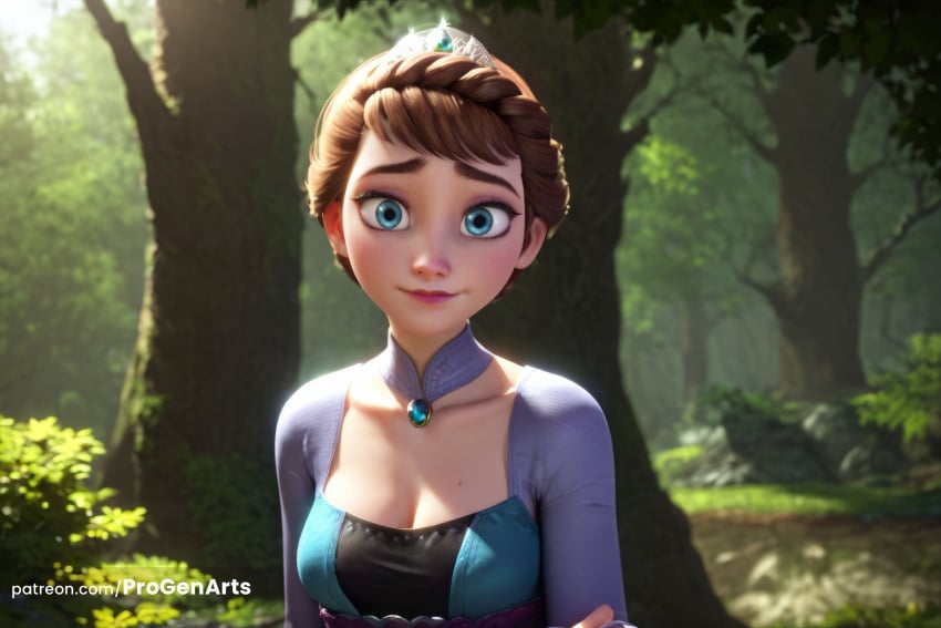 1girls ai_generated artist_name blue_eyes braid breasts brown_hair cleavage collarbone disney dress eyelashes forest frozen_(film) frozen_2 hi_res iduna iduna_(frozen) lips looking_at_viewer makeup medium_breasts mole mole_on_breast nature outdoors progenarts short_hair smile solo tiara tree upper_body watermark web_address