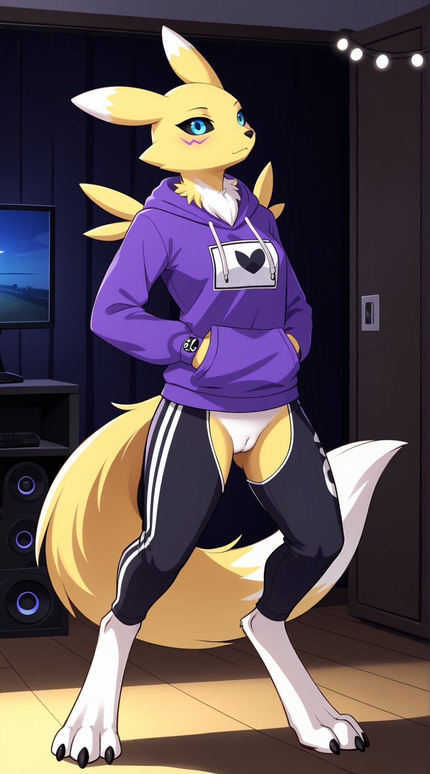 1girls 2024 ai_generated anthro black_sclera blue_eyes blushing canine crotchless digimon digimon_(species) digitigrade female female_only gamer_girl hands_in_pockets hi_res hood_down hoodie indoors innie_pussy looking_at_viewer pussy renamon smile white_fur yellow_fur