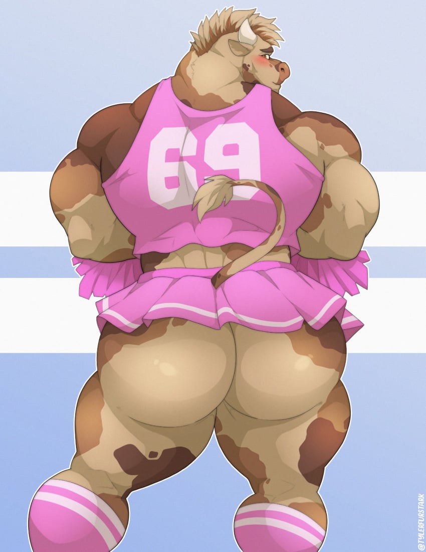 anthro ass bara barazoku big_ass blush bovid bull cheerleader cheerleader_uniform furry horns male male_only muscles muscular skirt solo solo_male tylerstark