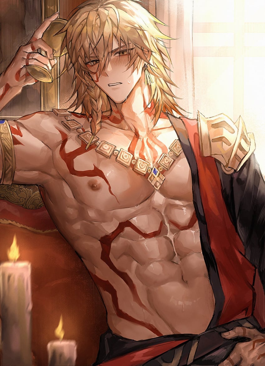 1boy abs arm_tattoo blush braid chalice chest_tattoo drunk facial_tattoo glistening_body gold_earrings gold_jewelry gold_necklace honkai:_star_rail honkai_(series) looking_at_viewer male_focus male_only muscles muscular_male mydei_(honkai:_star_rail) open_clothes red_tattoo shoulder_tattoo solo_focus sweat tappe tattoo wine