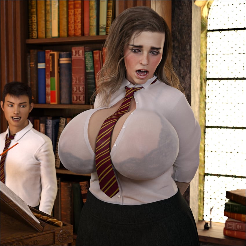 1boy 1girls 3d areolae areolae_visible_through_clothing big_breasts blouse blush bra breast_expansion breasts brown_hair classroom cleavage expansion female female_focus harry_potter hermione_granger huge_breasts magic male massive_breasts nipples nipples_visible_through_clothing open_mouth solo_focus surprised tie translucent_clothing wand wardrobe_malfunction xalynne_blackblade