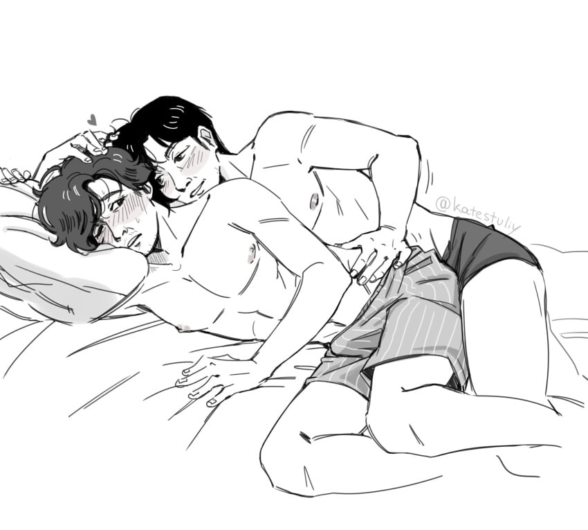 bed bedroom black_and_white black_hair blush childhood_friend cho_sang-woo hand_on_head hand_on_hip laying_on_side male/male pillow_grab seong_gi-hun shirtless spooning squid_game underwear yaoi